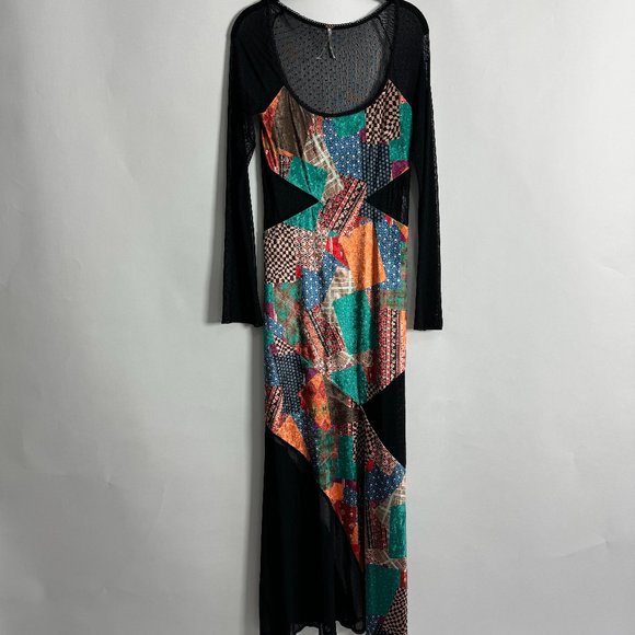 NEW FREE PEOPLE PARKER PATCHWORK VELVET MESH MAXI DRESS XS S M 💚🧡💙 - Picture 2 of 9